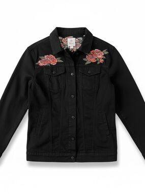 LuLaRoe Jaxon Black Denim Jacket Hip- Length  Rose
Embroidery Medium